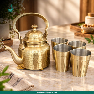 Royal Hammered Brass Tea Kettle with 4 Stainless Steel Cups