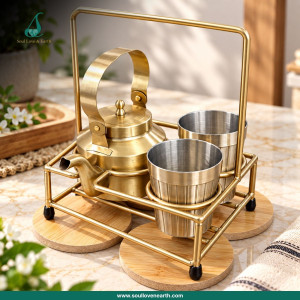 Royal Brass Tea & Beverage Serving Set with Bamboo Stand