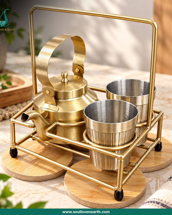 Royal Brass Tea & Beverage Serving Set with Bamboo Stand