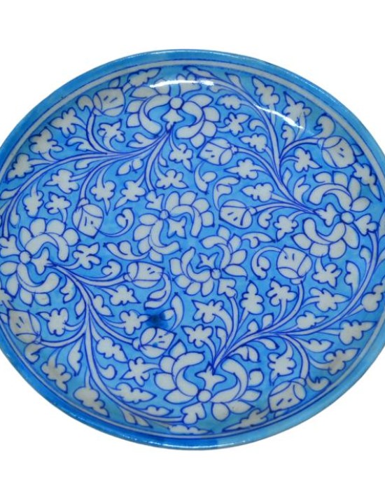 Blue Pottery Printed Plate Round , (Size - Diameter 10 Inch) , (Light Blue)