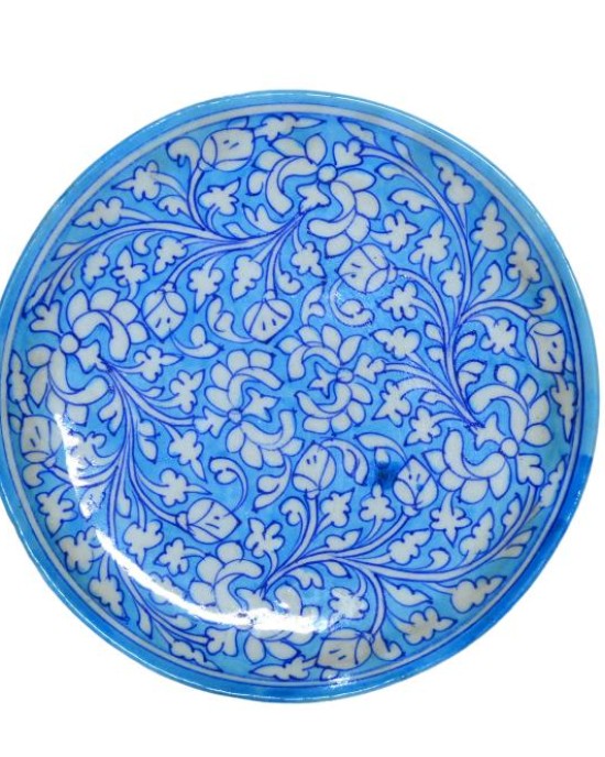 Blue Pottery Printed Plate Round , (Size - Diameter 10 Inch) , (Light Blue)