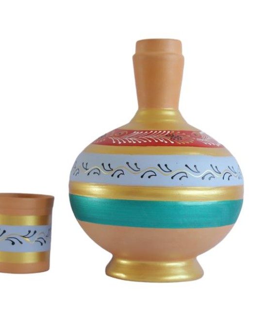 Handmade Printed Clay Surahi With a Glass (4L)