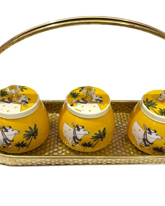 Artisanal Cow-Painted Triple Jar Basket