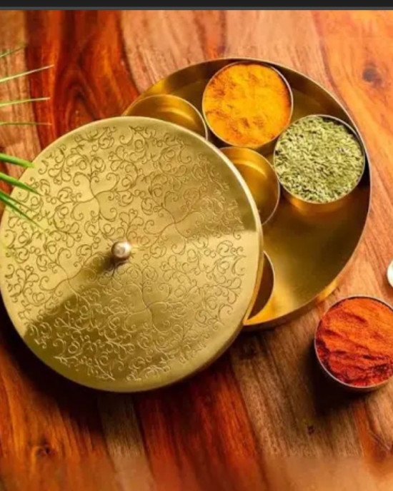 Handcrafted Brass Masala Box with Engraved Lid