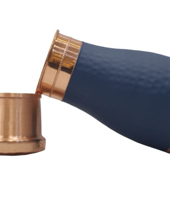 Antique pure copper bed side bottle with inbuilt glass (Colour-Blue  , Material-Silk)