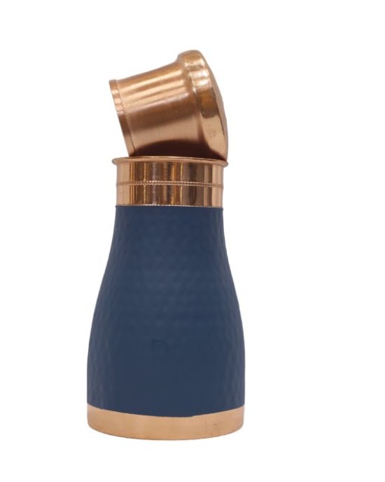 Antique pure copper bed side bottle with inbuilt glass (Colour-Blue  , Material-Silk)