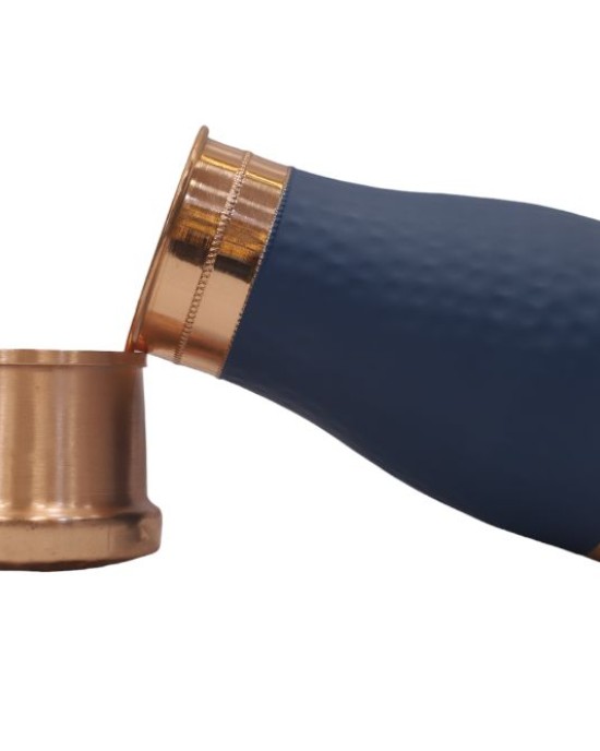 Antique pure copper bed side bottle with inbuilt glass (Colour-Blue  , Material-Silk)