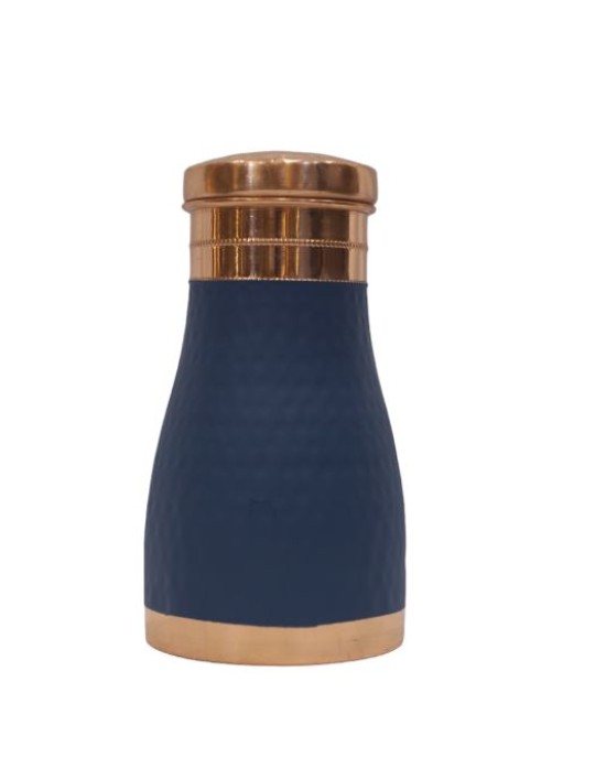 Antique pure copper bed side bottle with inbuilt glass (Colour-Blue  , Material-Silk)