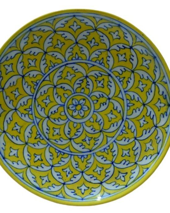 Blue Pottery Printed Plate Round (Size Diameter 10 Inch) , (Yellow)