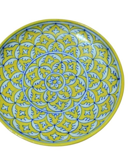 Blue Pottery Printed Plate Round (Size Diameter 10 Inch) , (Yellow)