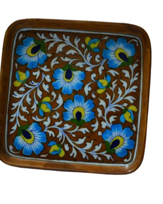 Blue Pottery Printed  Tray  (Size - L*B= 10*10 Inch) , (Brown)