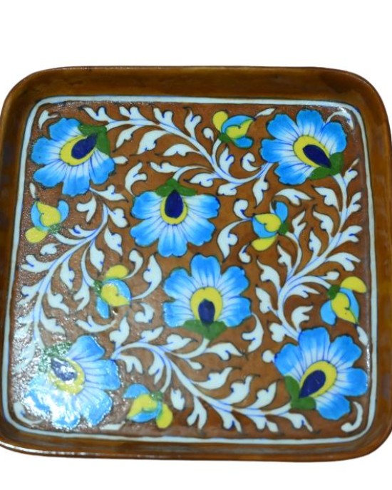 Blue Pottery Printed  Tray  (Size - L*B= 10*10 Inch) , (Brown)
