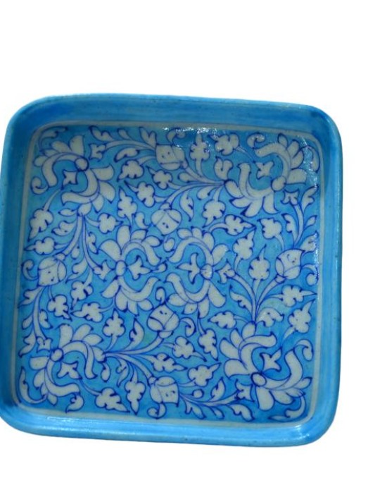 Blue Pottery Printed  Tray  (Size - L*B= 10*10 Inch) , (Light Blue)