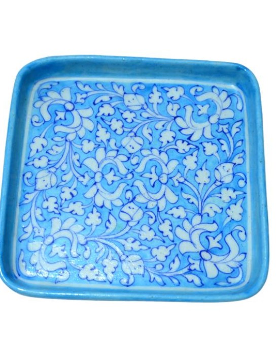 Blue Pottery Printed  Tray  (Size - L*B= 10*10 Inch) , (Light Blue)