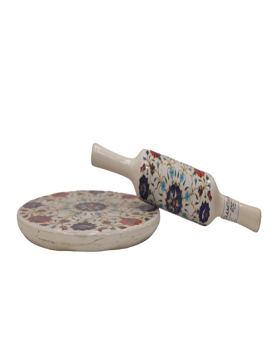 Marble Rolling Pin & Board  with Beautiful Flower Design