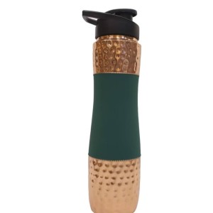 Pure Copper Water Sipper with matt finish, top and bottom hammered finish.  Easy hand grip in center with silk finish in Green colour 