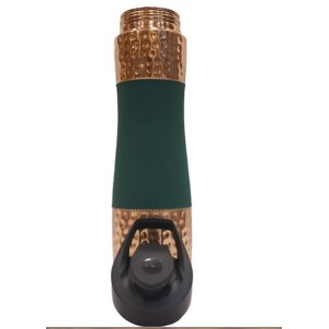 Pure Copper Water Sipper with matt finish, top and bottom hammered finish.  Easy hand grip in center with silk finish in Green colour 