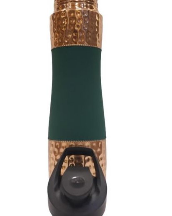 Pure Copper Water Sipper with matt finish, top and bottom hammered finish.  Easy hand grip in center with silk finish in Green colour 