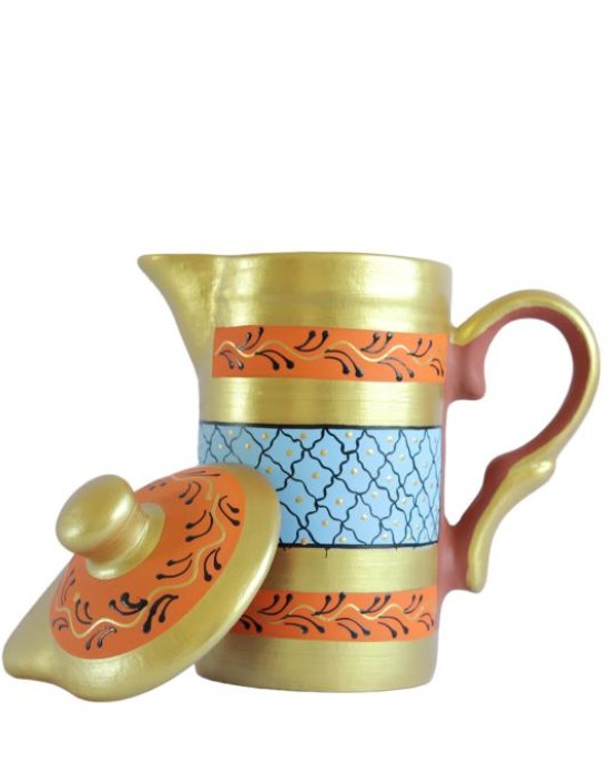 Handmade Printed Clay Jug with Lid 