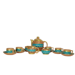 Handmade Printed Clay Kettle and Complete Tea Set (6 Cups, 6 Saucers, 1 Kettle, 1 Milk Pot, and 1 Sugar Bowl) , (Blue)