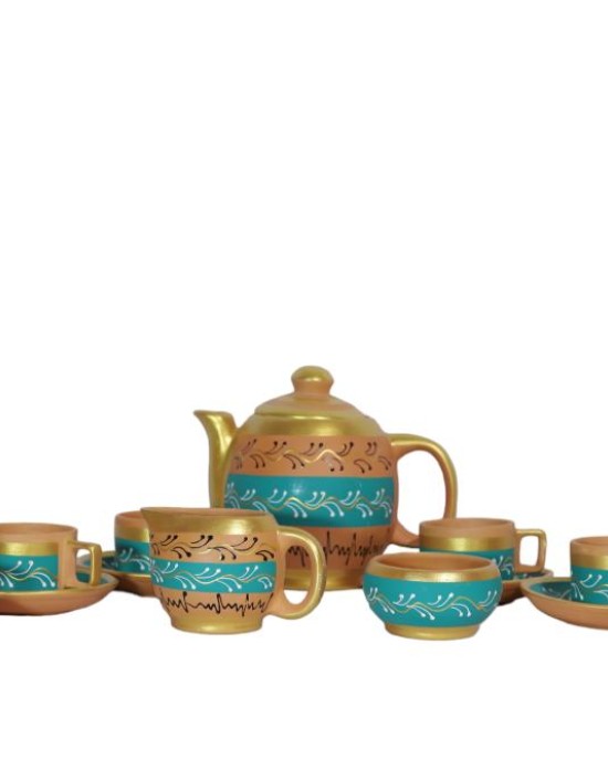 Handmade Printed Clay Kettle and Complete Tea Set (6 Cups, 6 Saucers, 1 Kettle, 1 Milk Pot, and 1 Sugar Bowl) , (Blue)