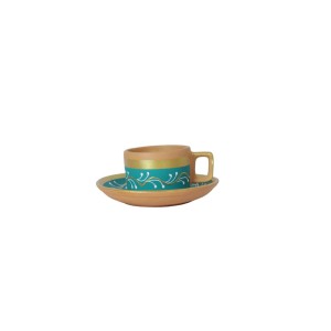 Handmade Printed Clay Kettle and Complete Tea Set (6 Cups, 6 Saucers, 1 Kettle, 1 Milk Pot, and 1 Sugar Bowl) , (Blue)