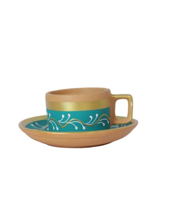 Handmade Printed Clay Kettle and Complete Tea Set (6 Cups, 6 Saucers, 1 Kettle, 1 Milk Pot, and 1 Sugar Bowl) , (Blue)