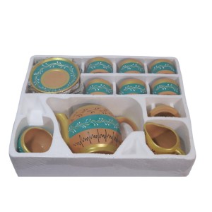 Handmade Printed Clay Kettle and Complete Tea Set (6 Cups, 6 Saucers, 1 Kettle, 1 Milk Pot, and 1 Sugar Bowl) , (Blue)