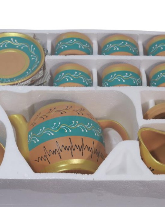 Handmade Printed Clay Kettle and Complete Tea Set (6 Cups, 6 Saucers, 1 Kettle, 1 Milk Pot, and 1 Sugar Bowl) , (Blue)