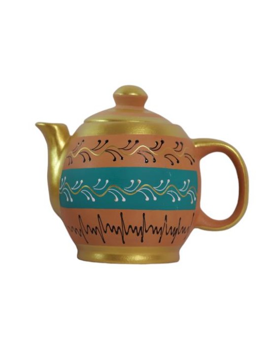 Handmade Printed Clay Kettle and Complete Tea Set (6 Cups, 6 Saucers, 1 Kettle, 1 Milk Pot, and 1 Sugar Bowl) , (Blue)