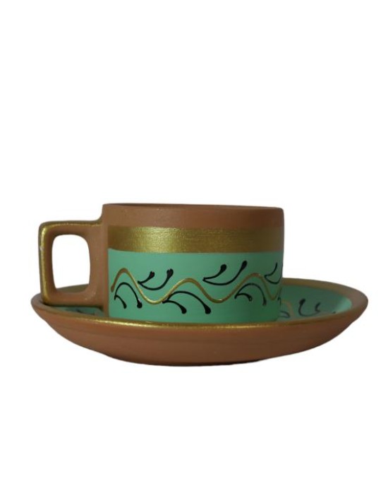 Handmade Printed Clay Kettle and Complete Tea Set (6 Cups, 6 Saucers, 1 Kettle, 1 Milk Pot, and 1 Sugar Bowl) , (Green)