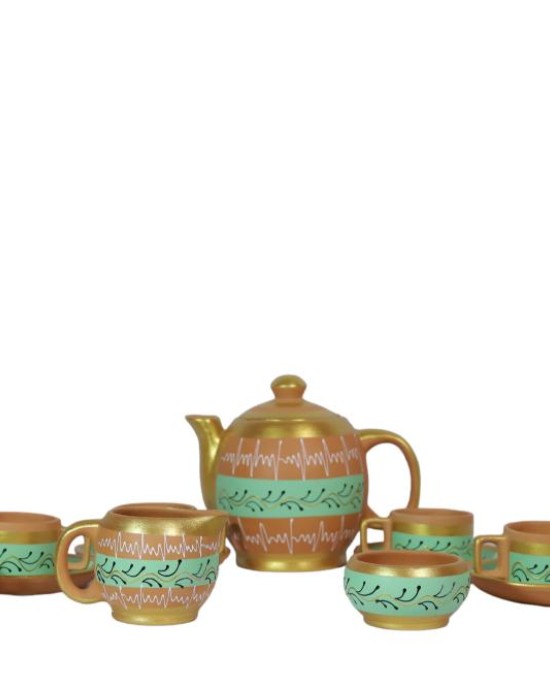 Handmade Printed Clay Kettle and Complete Tea Set (6 Cups, 6 Saucers, 1 Kettle, 1 Milk Pot, and 1 Sugar Bowl) , (Green)
