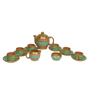 Handmade Printed Clay Kettle and Complete Tea Set (6 Cups, 6 Saucers, 1 Kettle, 1 Milk Pot, and 1 Sugar Bowl) , (Green)
