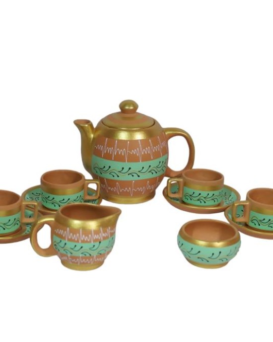 Handmade Printed Clay Kettle and Complete Tea Set (6 Cups, 6 Saucers, 1 Kettle, 1 Milk Pot, and 1 Sugar Bowl) , (Green)
