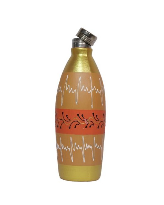Handmade printed clay water bottle with steel cap ( Gold & Orange 1L)