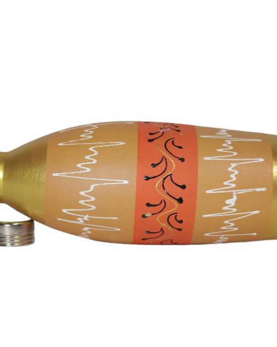 Handmade printed clay water bottle with steel cap ( Gold & Orange 1L)
