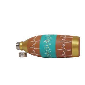 Handmade printed clay water bottle with steel cap ( Gold & Sky blue1L)