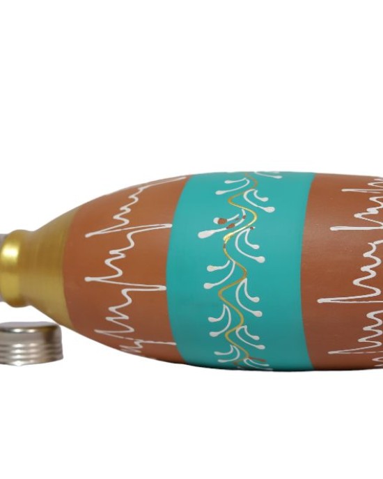 Handmade printed clay water bottle with steel cap ( Gold & Sky blue1L)