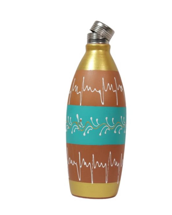 Handmade printed clay water bottle with steel cap ( Gold & Sky blue1L)