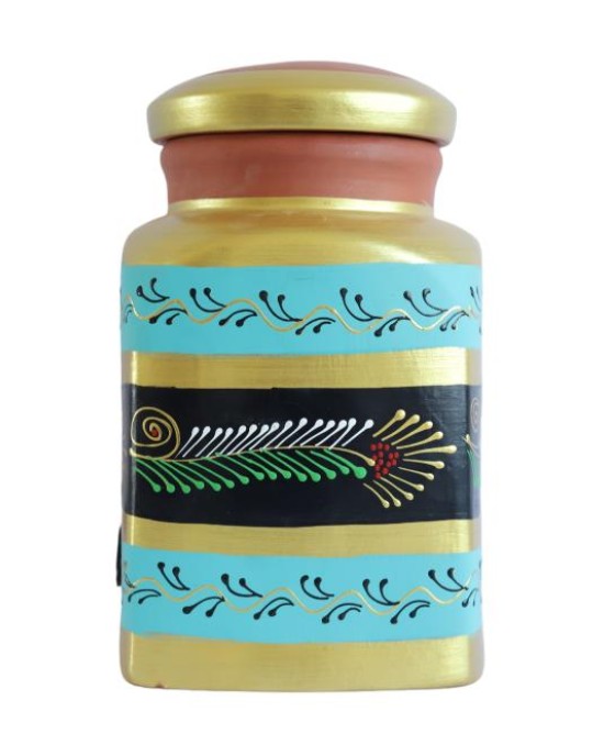 Handmade Printed Square Terracotta Clay Water Pot with Lid & Tap 