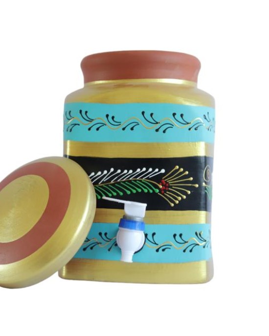 Handmade Printed Square Terracotta Clay Water Pot with Lid & Tap 