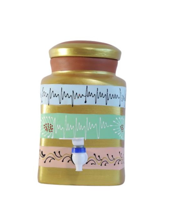 Handmade Printed Square Terracotta Clay Water Pot with Lid & Tap 