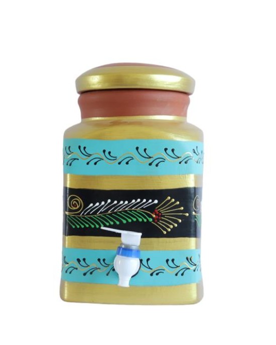 Handmade Printed Square Terracotta Clay Water Pot with Lid & Tap 