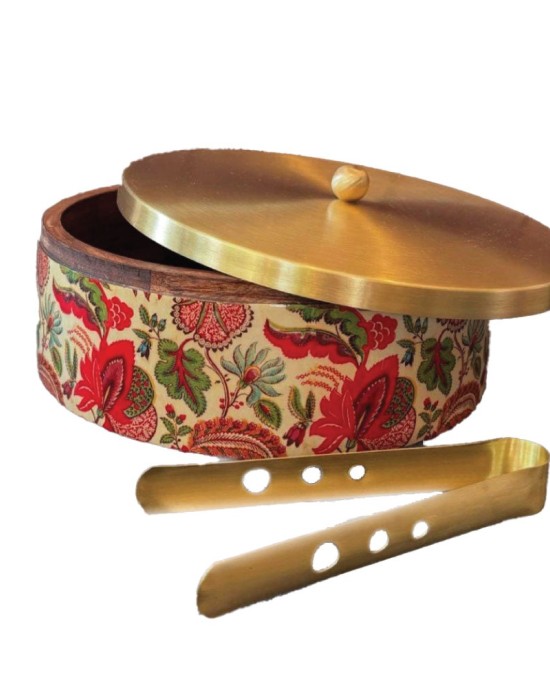 Mango Wood Chapati Box with Enamel Coating & Pure Brass Lid – 9 Inches