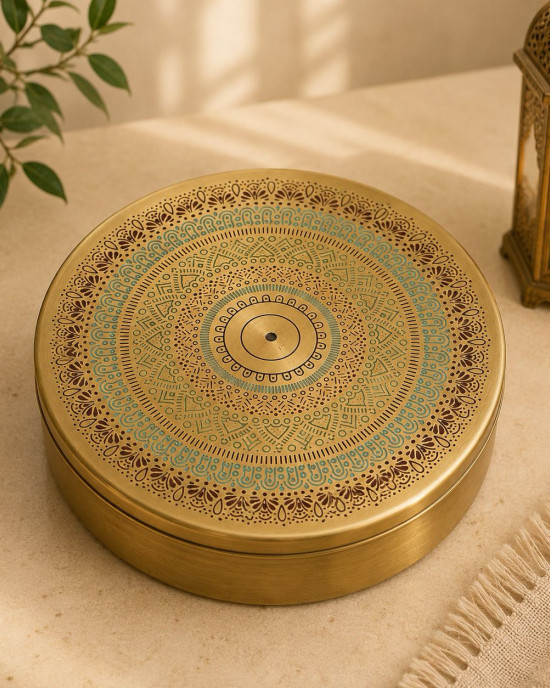Luxury Mandala Brass Masala Box with Engraved Lid