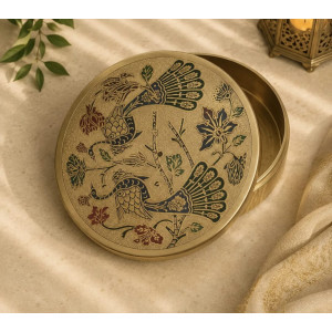 Handcrafted Peacock Brass Masala Box with Artistic Engraving