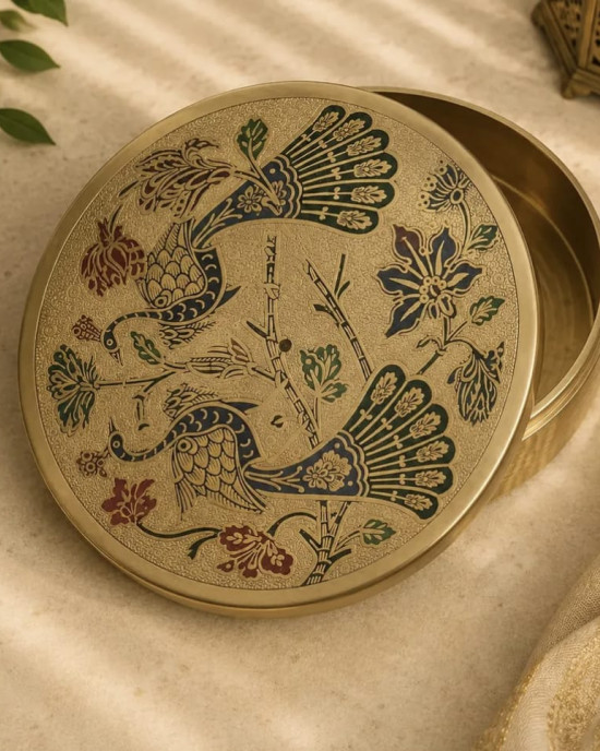 Handcrafted Peacock Brass Masala Box with Artistic Engraving