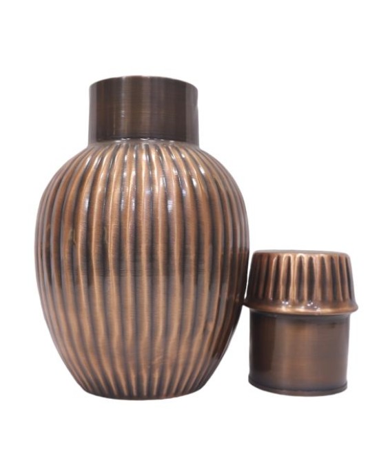 Premium pure copper bed side water bottle with beautiful craving and inbuilt glass(1L)