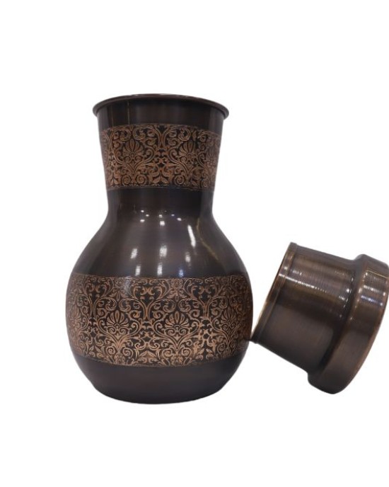 Premium pure copper bed side water bottle with middle craving and inbuilt glass (1L)
