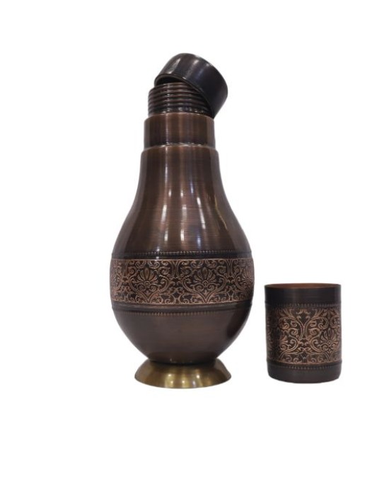 Premium & pure copper  bed side water bottle with middle craving and inbuilt glass (1L)